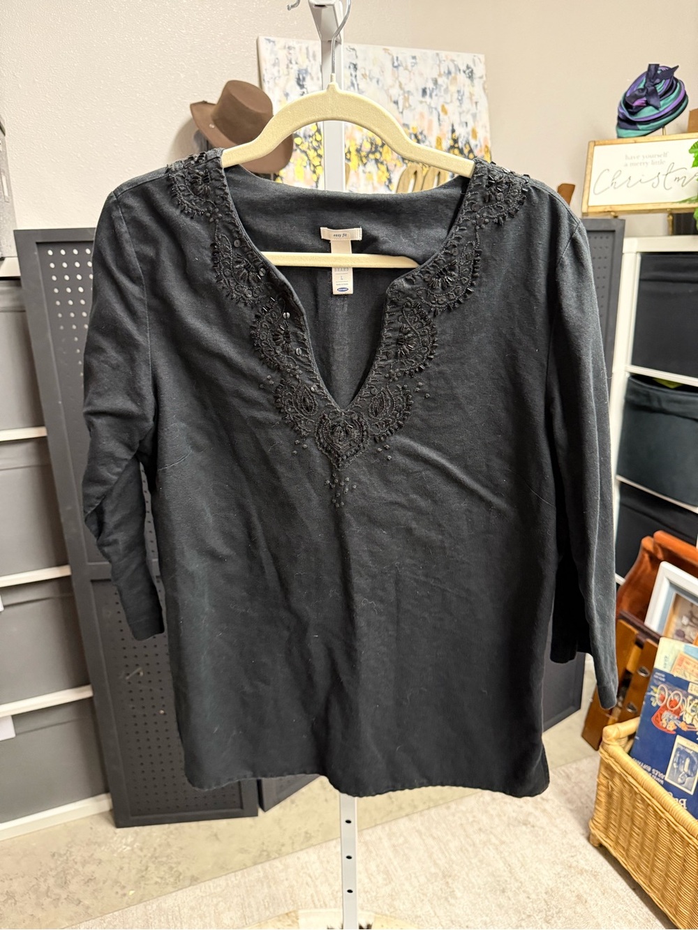 Old Navy Vintage Black Embroidered V-Neck Women's  Cotton Linen Top